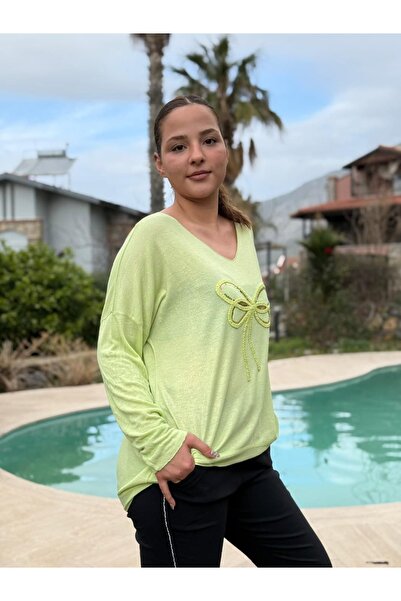 Punta Otantik Yg76167 Ribbon Laced Glittered Italian Knitwear Blouse Pistachio