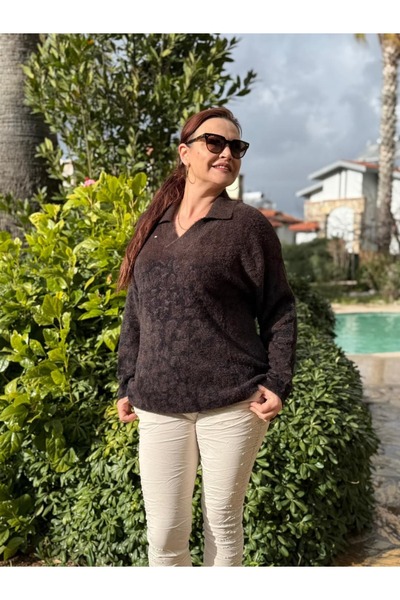 Punta Otantik D12933 Polo Collar Leopard Pattern Sweater Brown