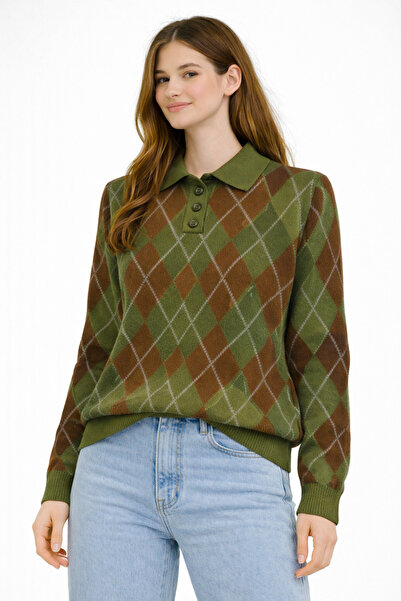 ModaPlaza Women's Baklava Pattern Polo Collar Sweater 5593