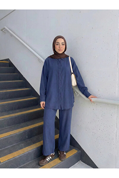 Lunsera Store طقم بنطلون بتفاصيل روبا خلفية - أزرق داكن