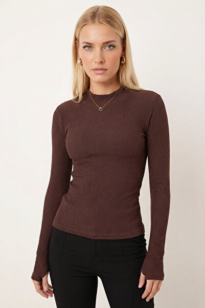 armonika Women's Coffee Half Fisherman Finger Interlocking Body Blouse Arm-26...