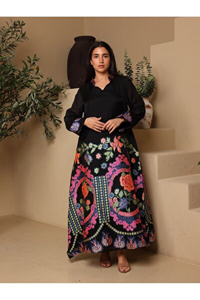 IKKXA Elegant V-Neck Printed Jalabiya