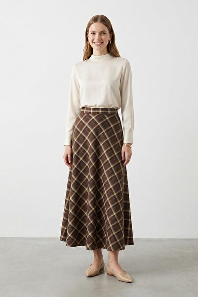 Soul Women's Plaid Patterned Flared Woven Skirt -32495Etk - Brown