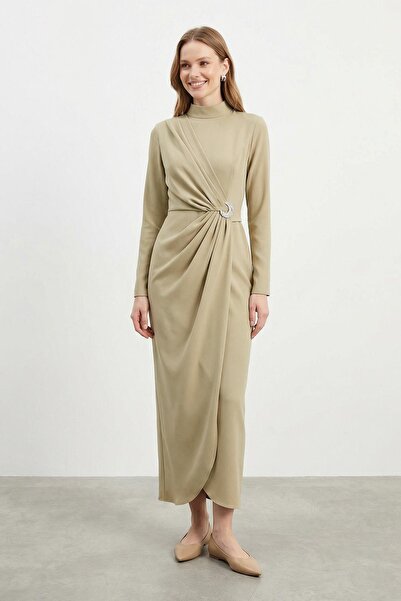 Puane Women's Double-Breasted Look Long Dress with Buckle Detail -12678Elb - ...