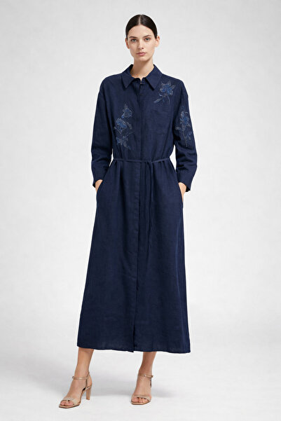 FUAT GÜRSEN Bead Embellished Side Buttoned Linen Non-See-Through Dress