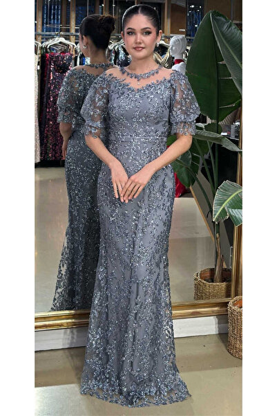 Abiyeniall Açık Gri Balon Kollu Dantel Detaylı Düz Kesim Simli Uzun Abiye Elb...