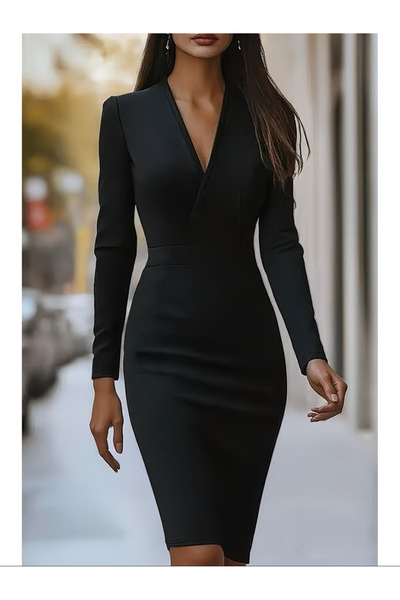 Lacis Black Double-Breasted Collared Long Sleeve Midi Length Pencil Dress