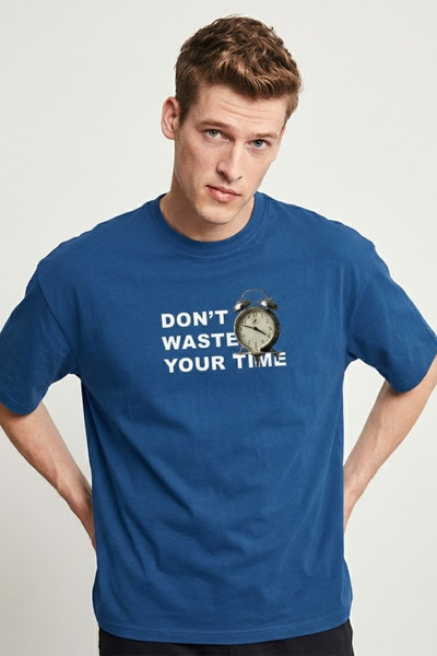COMBİNE MİCHAİL Men's Don'T Waste Time Printed Blue T-Shirt