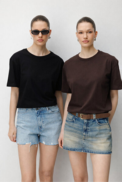 Mixray 48511 Tricou oversize pentru femei, 100% bumbac, pachet de 2, negru maro