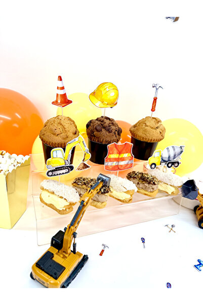 Flu Party زينة الكب كيك بتصميم البناء - زينة المافن بتصميم مفهوم البناء