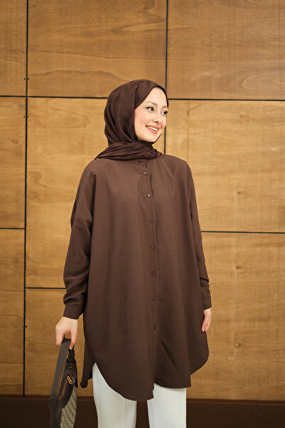 LOCCO Жіноча сорочка з коміром-стійкою Basic, коричнева