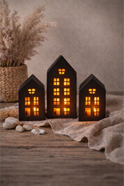 Akanart Studio 3’lü Siyah Ev Şeklinde Dekoratif Mumluk Seti – Modern Minimal ...