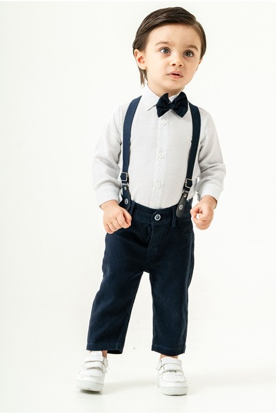 Chicsy Baby Baby Boy Bow Tie Suspender Suit with Navy Blue Trousers Special O...