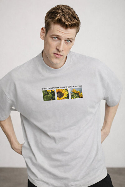 COMBİNE MİCHAİL Men's Floral Printed Oversize M.Gray T-Shirt