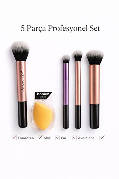 Gold Beauty Everyday Essentlals Profesyonel Makyaj Fırçası 5’li + Sünger Fondöten Allık Far Aydınlatıcı Kapatıcı