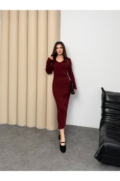 MiraMore Butik Fitilli Triko Uzun Elbise V Yaka Kadın Elbise