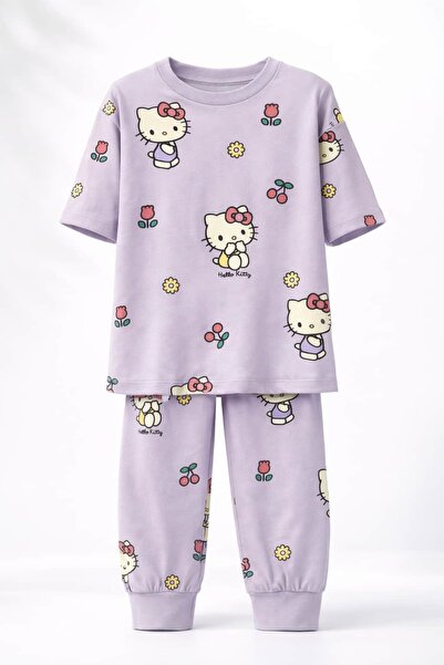 CQCQ Set de pijamale de vară din bumbac cu model de pisici drăguțe, liliac, p...