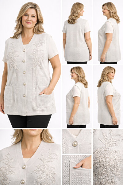 BİrHoşButik Plus Size Full Lycra Trendy Seasonal V-Neck Buttoned Stone-Embell...