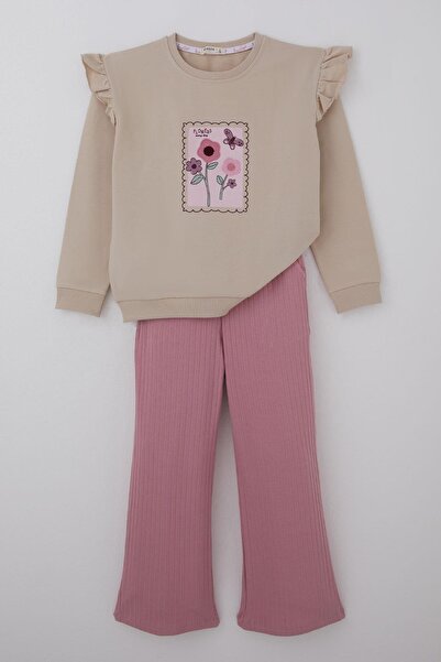 Breeze Girls' Tracksuit Set Butterfly Touch Flower Garden 4-8 Years, Beige