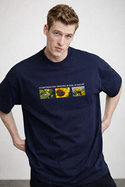 COMBİNE MİCHAİL Men's Floral Printed Oversize Navy Blue T-Shirt