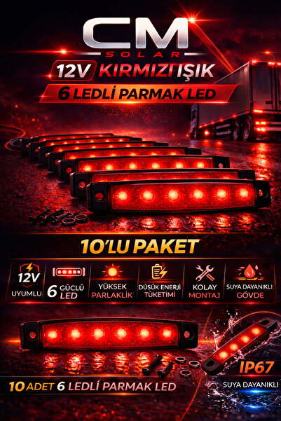 12V 6 LED Kırmızı Parmak LED Oto Yan Pozisyon Lambası 10'lu Paket