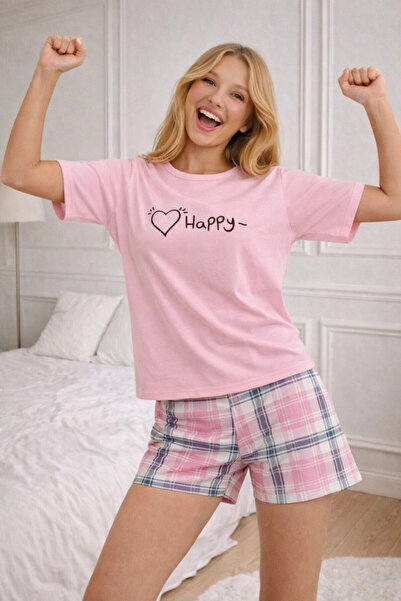 Cool & Sexy Happy Printed Short Sleeve Women's Pajama Set with Shorts – Pink
