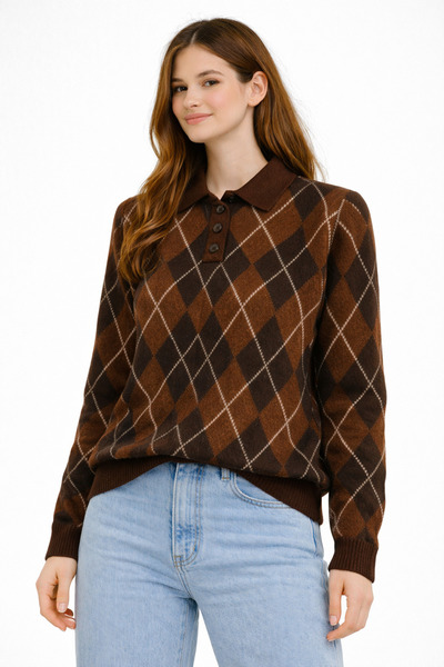 ModaPlaza Women's Baklava Pattern Polo Collar Sweater 5593