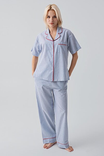 Artış Kısa Kollu Düğmeli Çizgili Dokuma %100 Pamuk Pijama Takım