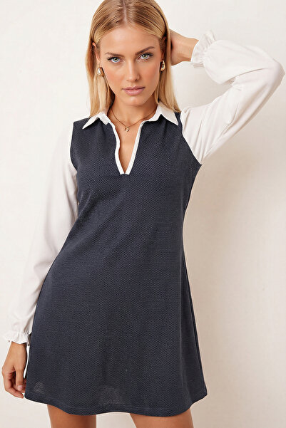 armonika Women's Dark Blue Shirt Collar Long Sleeve Mini Dress Arm-25K001050