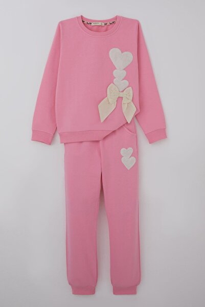 Breeze Girl's Tracksuit Set with Heart Embroidery and Bow, Ages 4-9, Pink