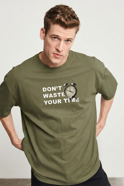 COMBİNE MİCHAİL Men's Don'T Waste Time Printed Khaki T-Shirt