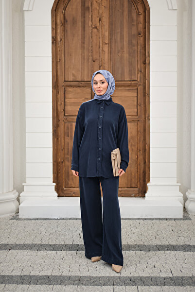 LOCCO Women's Washed Detail Elastic Waist Piped Cuff Shirt Suit Navy Blue