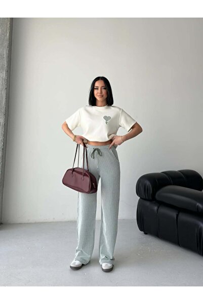 Tarzımızbir Heart Embroidered Oversized T-Shirt and Ribbed Wide-Leg Pants Set