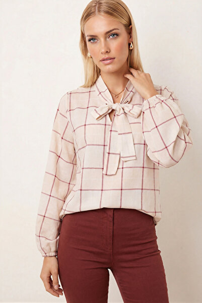 armonika Women's Cream Collared Blouse with Elastic Sleeves Arm-25K001096
