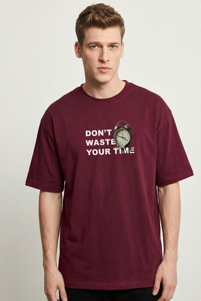 COMBİNE MİCHAİL Men's Don'T Waste Time Printed Claret Red T-Shirt