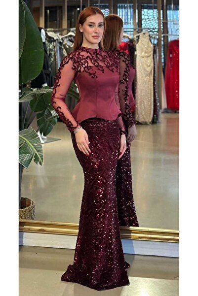 Abiyeniall Vişne Renk Hakim Yaka Uzun Kollu Dantel Detaylı Balık Likralı Pul ...