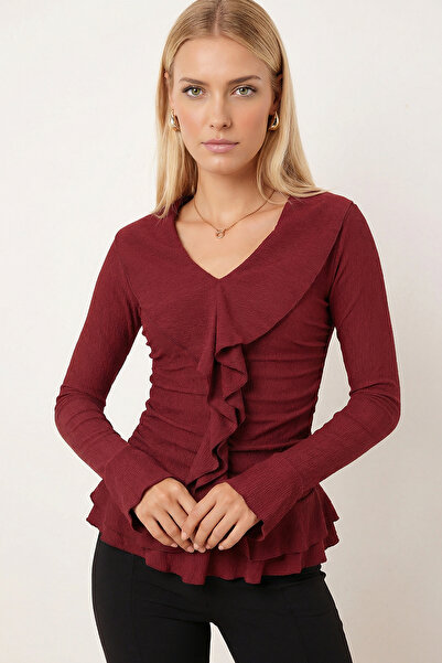 armonika Дамска блуза с бордо яка, набрани ръкави и волани ARM-26K001079