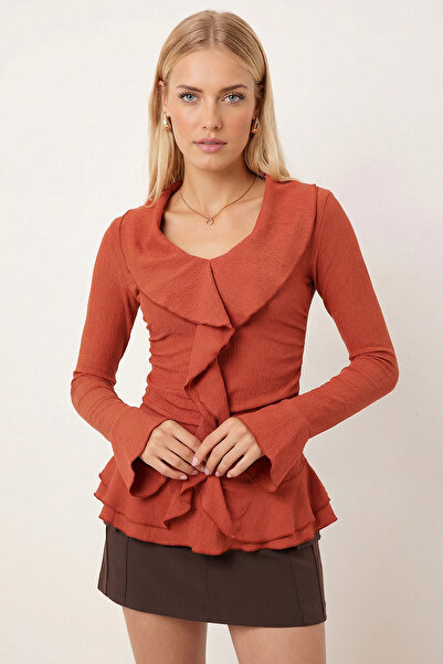 armonika Women's Tile Collar Ruffled Sleeves Flounce Gathered Blouse Arm-26K0...