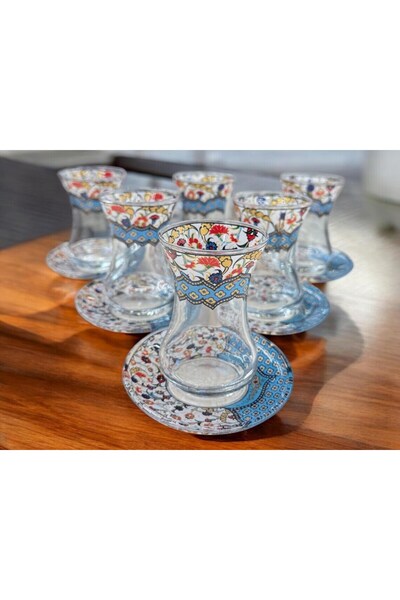 izbul Gelenekten Gelen Şıklık Türk Çay Takımı, Çiçek Desenli 6’lı İnce Belli ...