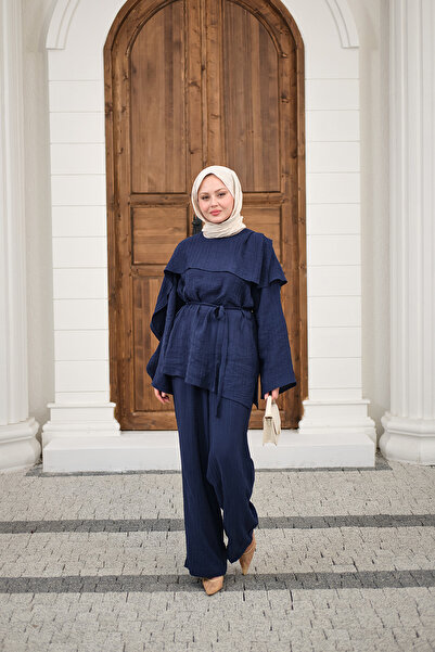 LOCCO Women's Self-Patterned Collared Cape and Waist Tie Suit in Navy Blue