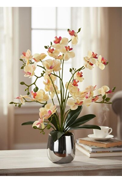 Nettenevime Yapay Çiçek Sarı Pembe 11 Dallı Islak Orkide Gümüş Metal Saksıda ...