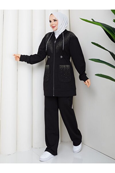 moda4b Women's 2-Piece Tracksuit Set Two-Thread Cotton N-05496 _ Black