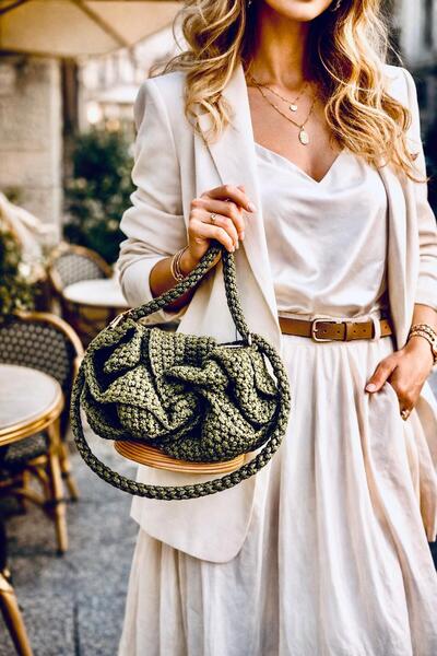 OEM Shoulder Bag, Olivia, khaki, handmade, 23cmx21cm