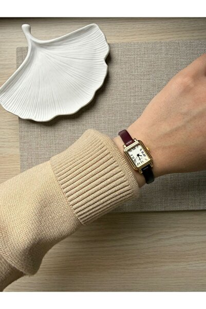 rubsey Retro Minimal Deri Kordon Vintage Kadın Kol Saati Bordo