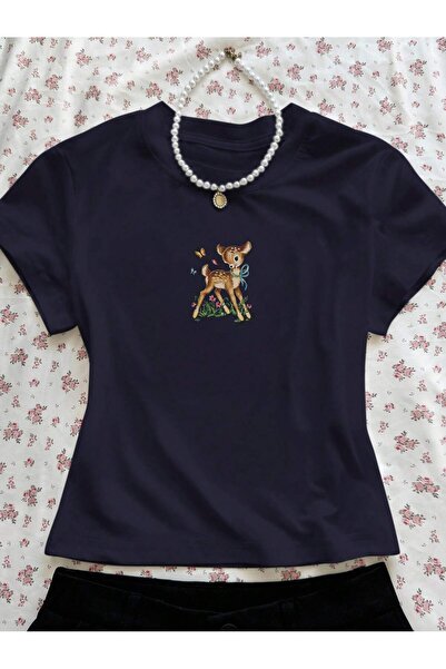 Velostra Women's Baby Deer Printed Basic Daily Use Crop T-Shirt