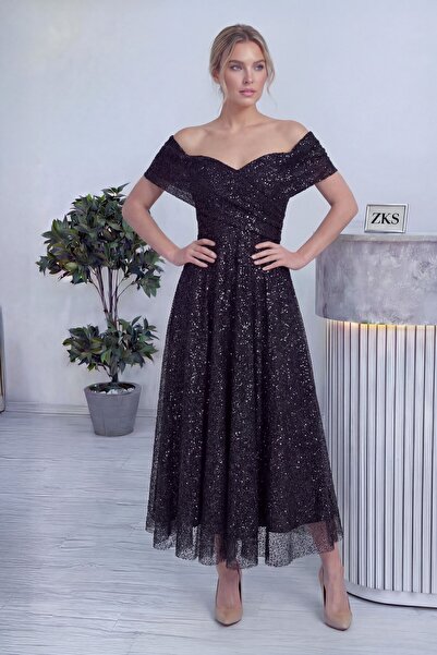 thezkscom Kadın Düşük Omuz Pullu Midi Boy Abiye Elbise Saks, Siyah, Beyaz, Kı...