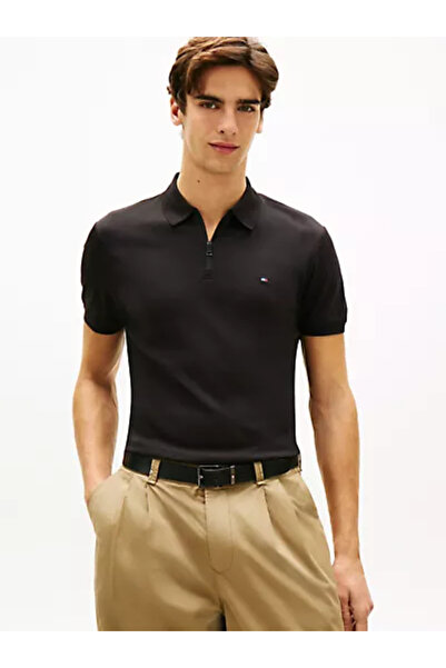 Tommy Hilfiger Erkek Normal Kesim Kısa Kollu Pamuklu Yarım Fermuarlı Siyah Po...