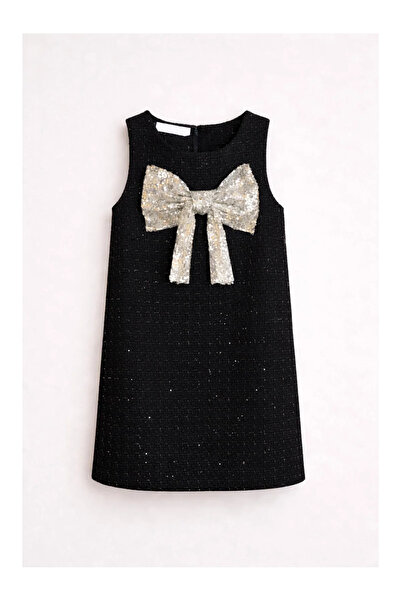 kidstalya Parlak Fiyonk Detaylı Şanel Kumaş Elbise - Siyah