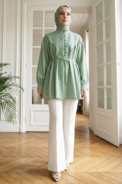 MODAQU Ribbed Detailed Buttoned Tunic - Light Green