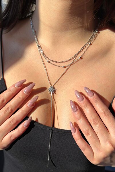 TAKIŞTIR Gümüş Renk Taş Detaylı 14K Altın Kaplama VİP Y Kolye